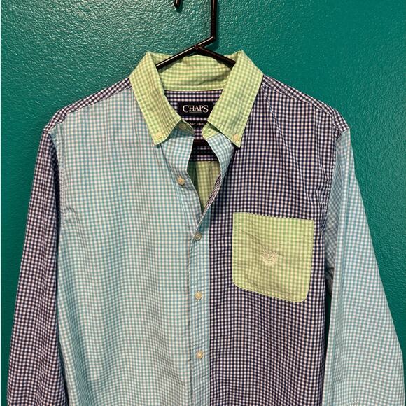 Chaps Easy Care Gingham Blue Lime Green Colorblock Long Sleeve Button Up Men's M - Picture 3 of 10